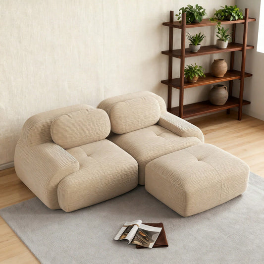 Ecksofa 210 cm aus Cordstoff | Modular kombinierbar mit gebogenen Armlehnen | Ohne Montage & Komfortschaum | Für Wohnzimmer & Schlafzimmer in Beige