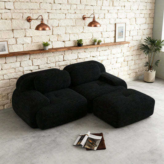 Ecksofa 210 cm aus Cordstoff | Modular mit gebogenen Armlehnen & ohne Montage | Komfortschaum für Wohnzimmer & Schlafzimmer in Schwarz