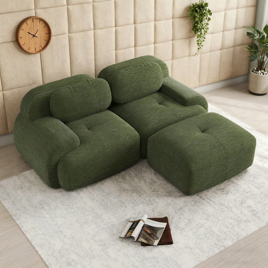 Ecksofa 210 cm aus Cordstoff | Modular mit gebogenen Armlehnen & ohne Montage | Komfortschaum für Wohnzimmer & Schlafzimmer in Grün