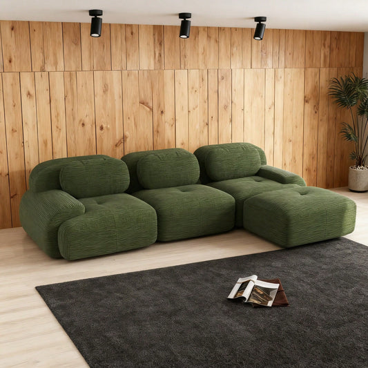 Modulares Ecksofa ohne Montage aus Cordstoff | Mit ergonomischen Armlehnen & 32D Komfortschaum | Haustierfreundlich für Wohnzimmer in Grün
