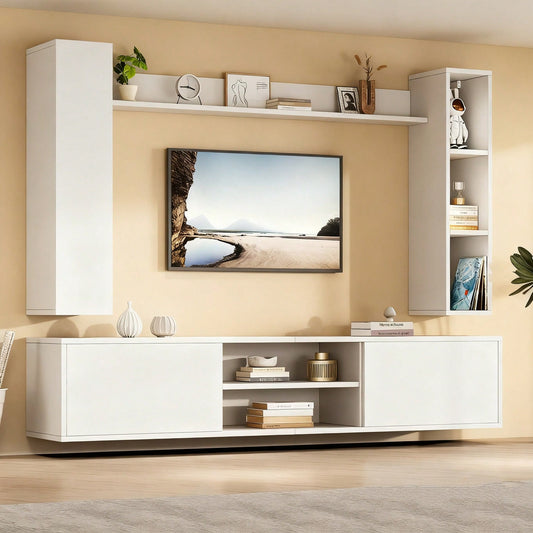 TV-Komplettset Mediawand 180x35x33 cm mit Vitrine (4-tlg.) | Inkl. TV-Board, Standregal & 2 Wandregale | Für TV bis 80 Zoll (203 cm) | Montageflexibel in Weiß