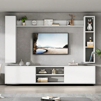 TV-Komplettset Mediawand 180x35x33 cm mit Vitrine (4-tlg.) | Inkl. TV-Board, Standregal & 2 Wandregale | Für TV bis 80 Zoll (203 cm) | Montageflexibel in Weiß