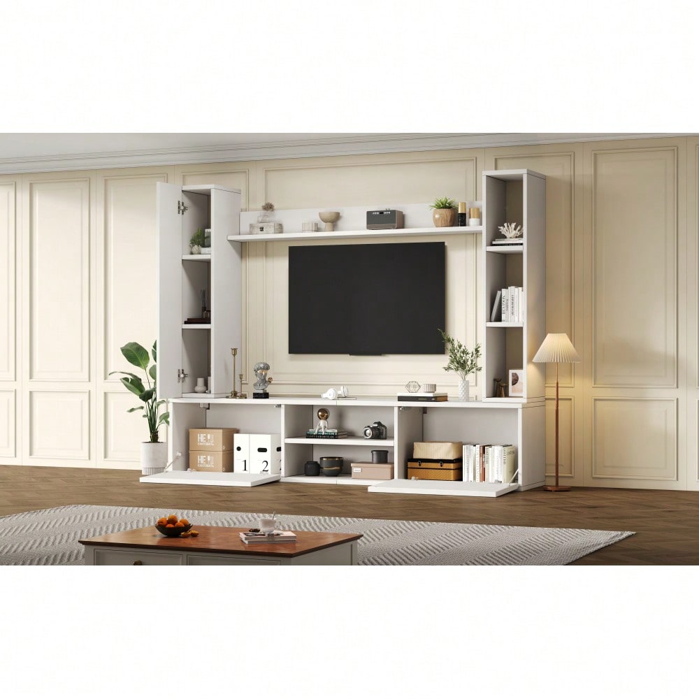 TV-Komplettset Mediawand 180x35x33 cm mit Vitrine (4-tlg.) | Inkl. TV-Board, Standregal & 2 Wandregale | Für TV bis 80 Zoll (203 cm) | Montageflexibel in Weiß