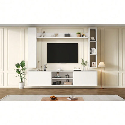 TV-Komplettset Mediawand 180x35x33 cm mit Vitrine (4-tlg.) | Inkl. TV-Board, Standregal & 2 Wandregale | Für TV bis 80 Zoll (203 cm) | Montageflexibel in Weiß