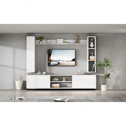 TV-Komplettset Mediawand 180x35x33 cm mit Vitrine (4-tlg.) | Inkl. TV-Board, Standregal & 2 Wandregale | Für TV bis 80 Zoll (203 cm) | Montageflexibel in Weiß