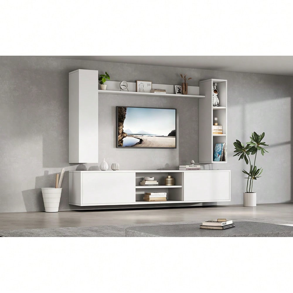 TV-Komplettset Mediawand 180x35x33 cm mit Vitrine (4-tlg.) | Inkl. TV-Board, Standregal & 2 Wandregale | Für TV bis 80 Zoll (203 cm) | Montageflexibel in Weiß