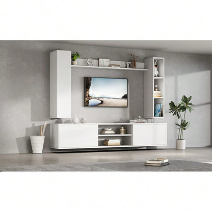 TV-Komplettset Mediawand 180x35x33 cm mit Vitrine (4-tlg.) | Inkl. TV-Board, Standregal & 2 Wandregale | Für TV bis 80 Zoll (203 cm) | Montageflexibel in Weiß
