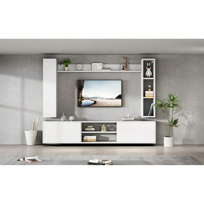 TV-Komplettset Mediawand 180x35x33 cm mit Vitrine (4-tlg.) | Inkl. TV-Board, Standregal & 2 Wandregale | Für TV bis 80 Zoll (203 cm) | Montageflexibel in Weiß