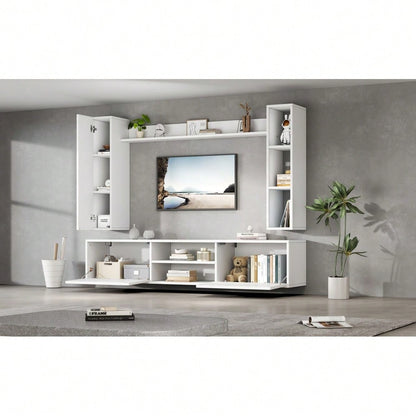 TV-Komplettset Mediawand 180x35x33 cm mit Vitrine (4-tlg.) | Inkl. TV-Board, Standregal & 2 Wandregale | Für TV bis 80 Zoll (203 cm) | Montageflexibel in Weiß