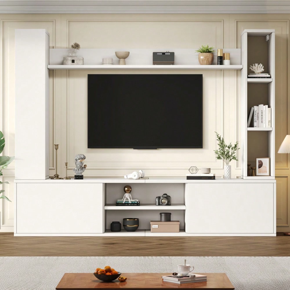 TV-Komplettset Mediawand 180x35x33 cm mit Vitrine (4-tlg.) | Inkl. TV-Board, Standregal & 2 Wandregale | Für TV bis 80 Zoll (203 cm) | Montageflexibel in Weiß