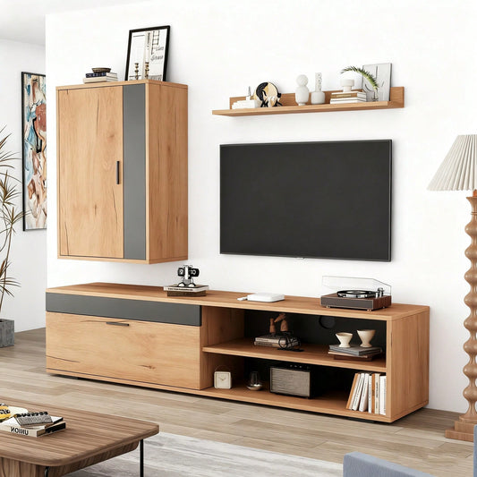 TV-Komplettset Mediawand 140x35x39 cm | Inkl. TV-Board, Standregal & Wandregal (3-tlg.) | Moderner TV-Schrank in Holzoptik & Schwarz | Montageflexibel (stehend & hängend)