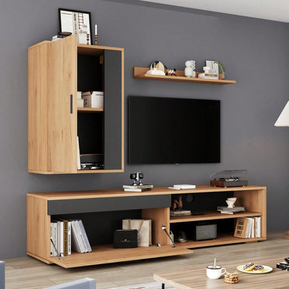TV-Komplettset Mediawand 140x35x39 cm | Inkl. TV-Board, Standregal & Wandregal (3-tlg.) | Moderner TV-Schrank in Holzoptik & Schwarz | Montageflexibel (stehend & hängend)