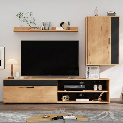 TV-Komplettset Mediawand 140x35x39 cm | Inkl. TV-Board, Standregal & Wandregal (3-tlg.) | Moderner TV-Schrank in Holzoptik & Schwarz | Montageflexibel (stehend & hängend)