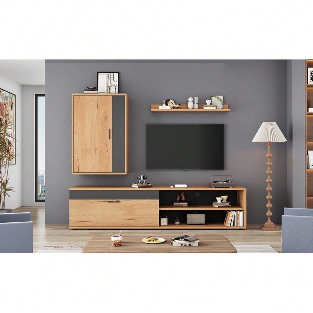 TV-Komplettset Mediawand 140x35x39 cm | Inkl. TV-Board, Standregal & Wandregal (3-tlg.) | Moderner TV-Schrank in Holzoptik & Schwarz | Montageflexibel (stehend & hängend)
