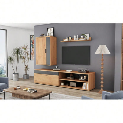 TV-Komplettset Mediawand 140x35x39 cm | Inkl. TV-Board, Standregal & Wandregal (3-tlg.) | Moderner TV-Schrank in Holzoptik & Schwarz | Montageflexibel (stehend & hängend)