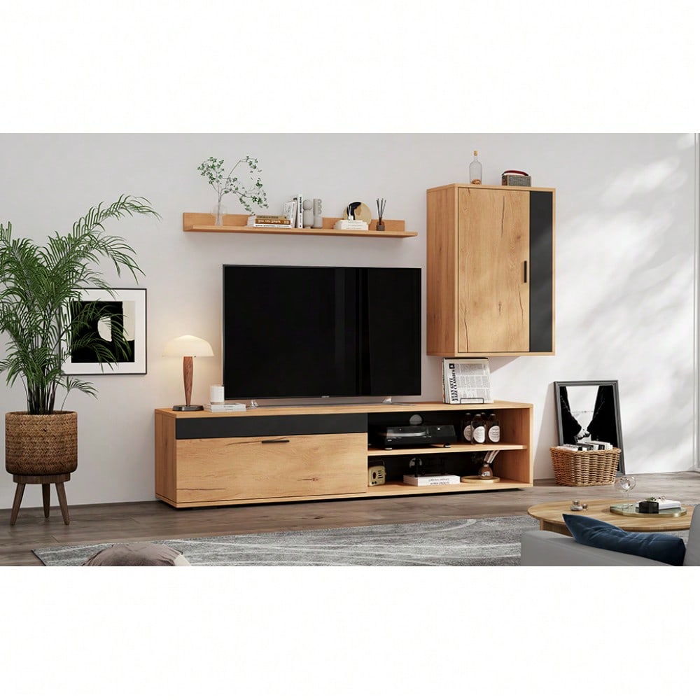 TV-Komplettset Mediawand 140x35x39 cm | Inkl. TV-Board, Standregal & Wandregal (3-tlg.) | Moderner TV-Schrank in Holzoptik & Schwarz | Montageflexibel (stehend & hängend)