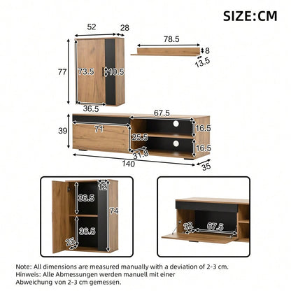 TV-Komplettset Mediawand 140x35x39 cm | Inkl. TV-Board, Standregal & Wandregal (3-tlg.) | Moderner TV-Schrank in Holzoptik & Schwarz | Montageflexibel (stehend & hängend)
