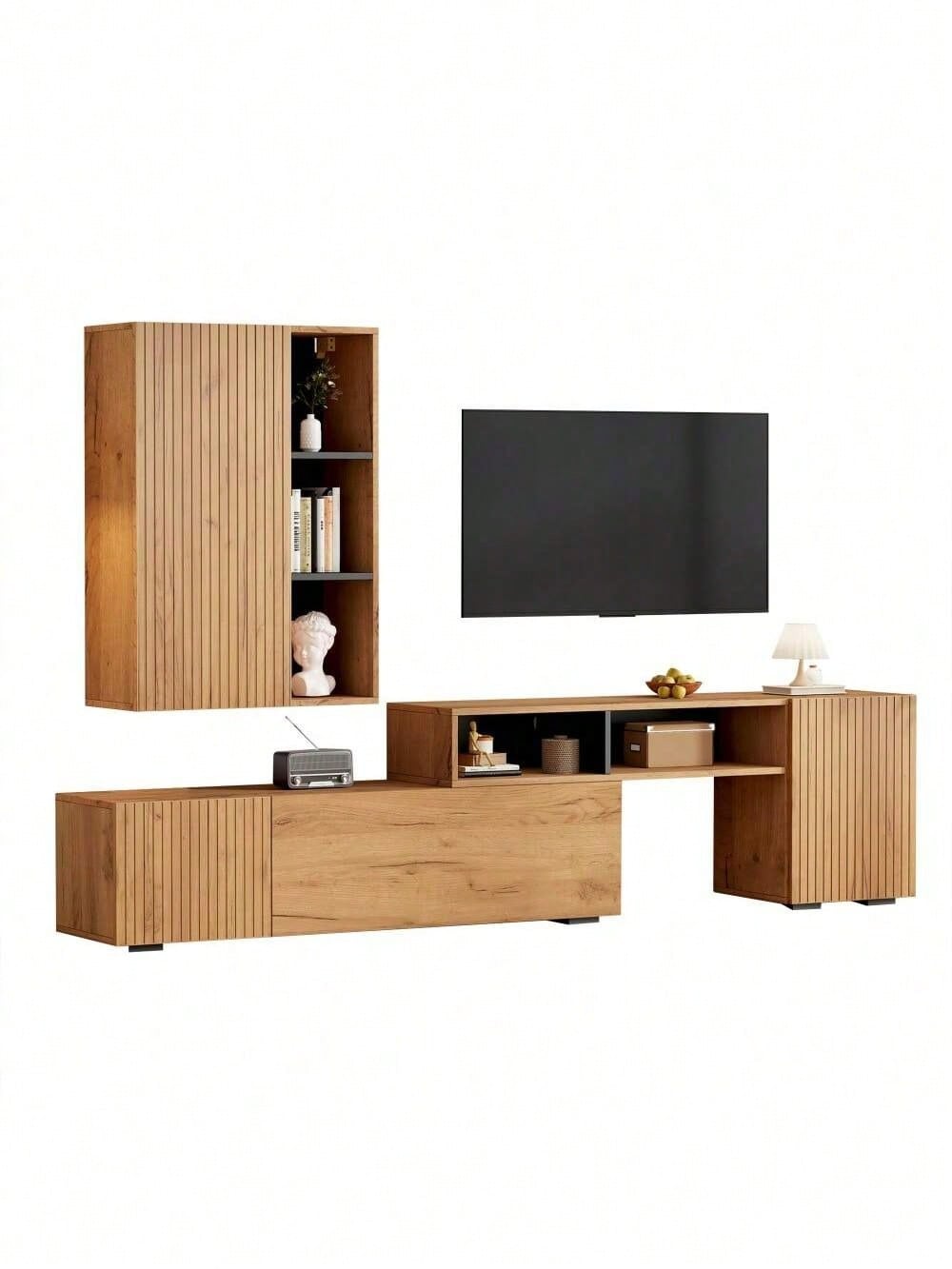 TV-Komplettset mit Vitrine & TV-Board | Mediawand bis 265 cm flexibel & montageflexibel | Für TV-Geräte bis 120 Zoll (305 cm) in Holzoptik & Schwarz