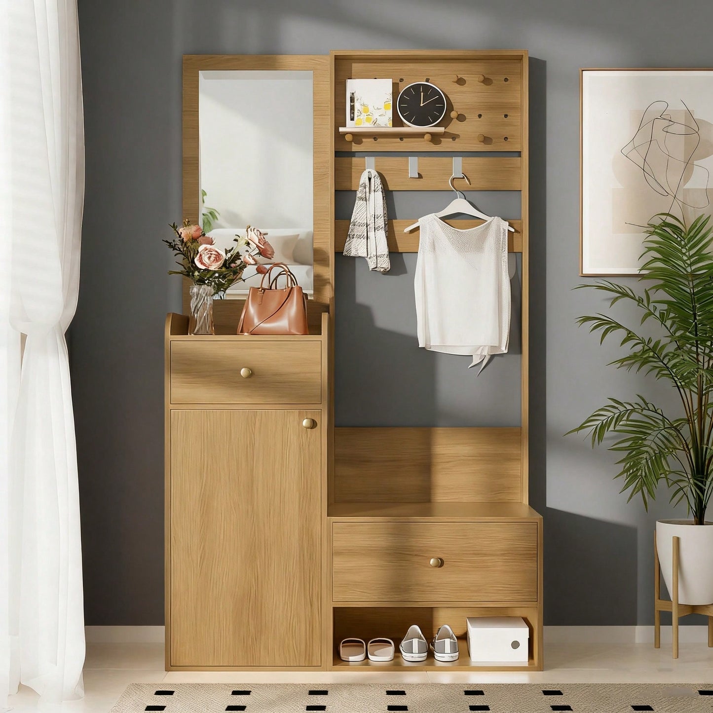 Kompaktgarderobe 105 cm mit Spiegel & verstellbaren Haken | Multifunktionales Eingangsregal für Schuhe & Mäntel | Holzoptik in Elegantem Design