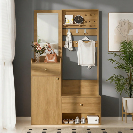 Kompaktgarderobe 105 cm mit Spiegel & verstellbaren Haken | Multifunktionales Eingangsregal für Schuhe & Mäntel | Holzoptik in Elegantem Design