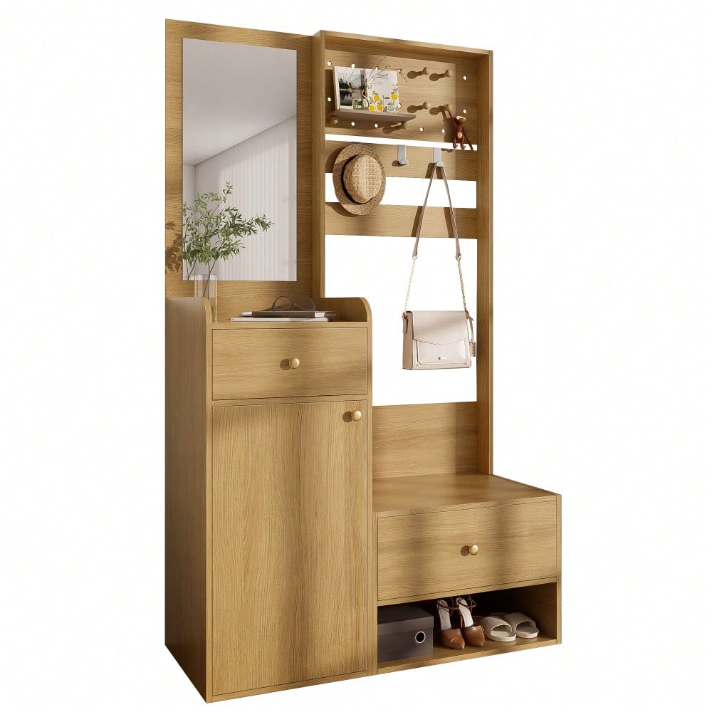 Kompaktgarderobe 105 cm mit Spiegel & verstellbaren Haken | Multifunktionales Eingangsregal für Schuhe & Mäntel | Holzoptik in Elegantem Design