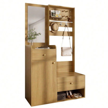 Kompaktgarderobe 105 cm mit Spiegel & verstellbaren Haken | Multifunktionales Eingangsregal für Schuhe & Mäntel | Holzoptik in Elegantem Design