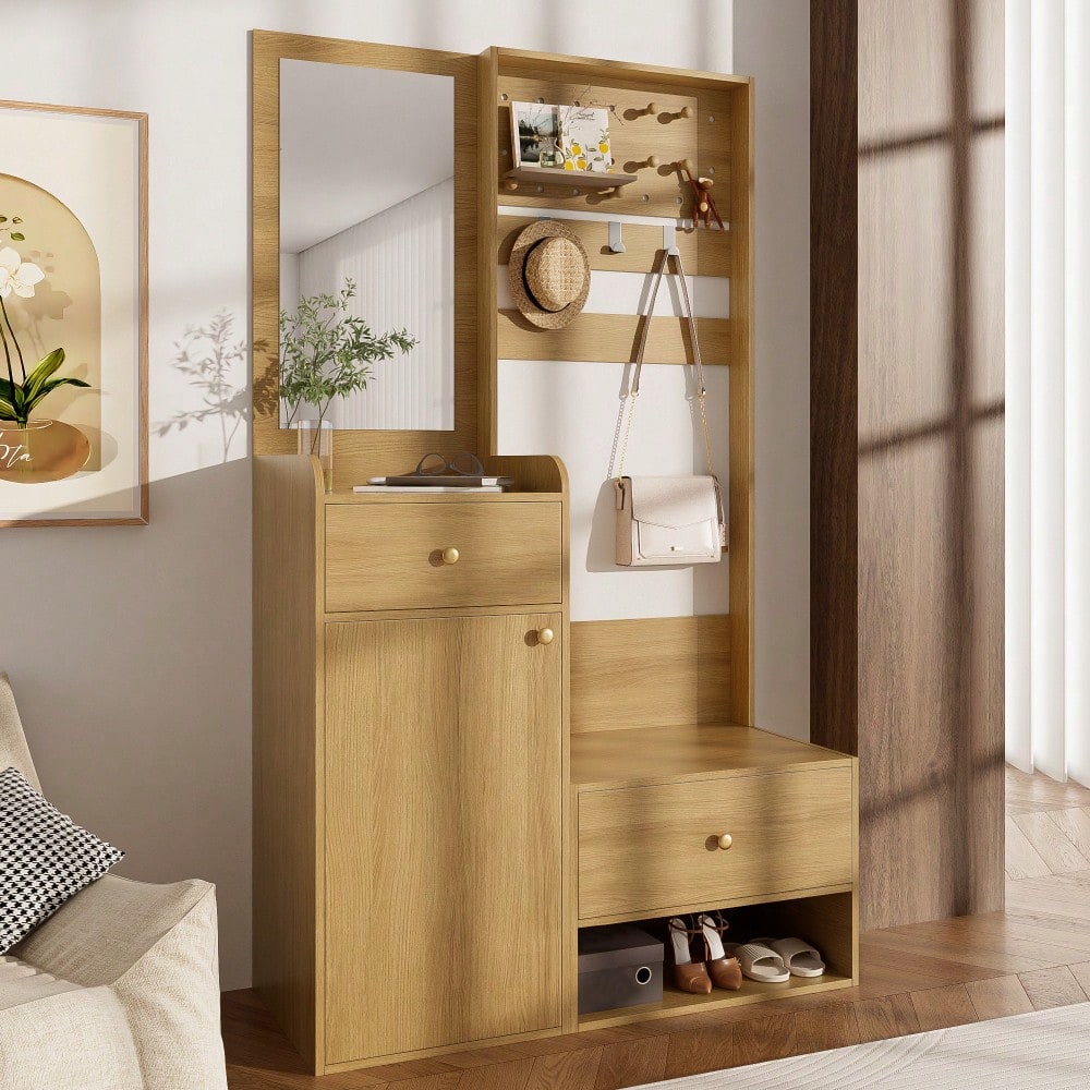 Kompaktgarderobe 105 cm mit Spiegel & verstellbaren Haken | Multifunktionales Eingangsregal für Schuhe & Mäntel | Holzoptik in Elegantem Design