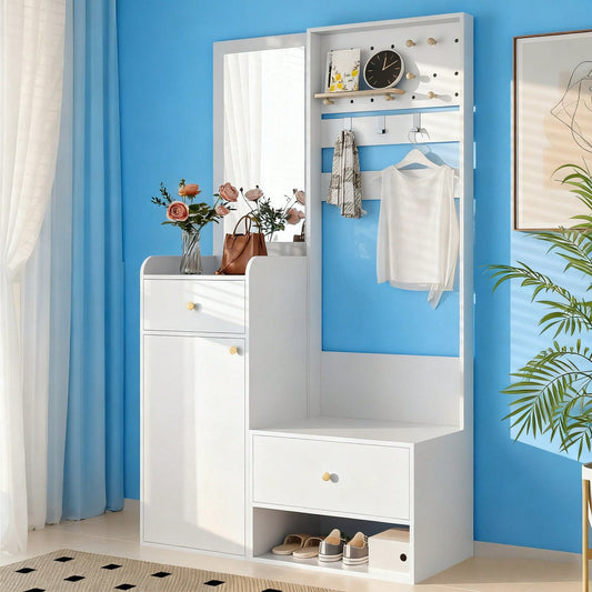 Kompaktgarderobe 105 cm mit Spiegel & verstellbaren Haken | Multifunktions-Regal für Schuhe & Mäntel | Elegante Eingangsgarderobe in Weiß