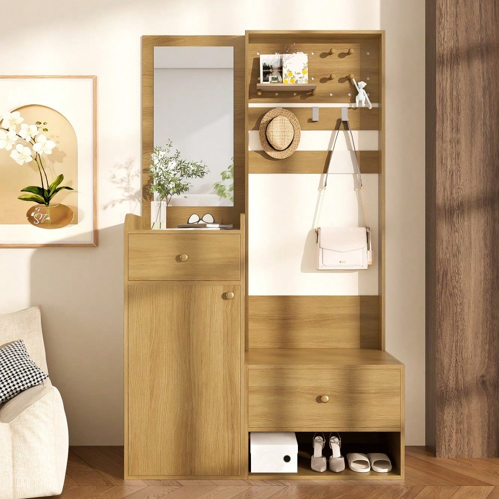 Kompaktgarderobe 105 cm mit Spiegel & verstellbaren Haken | Multifunktionales Eingangsregal für Schuhe & Mäntel | Holzoptik in Elegantem Design