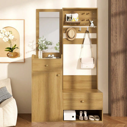 Kompaktgarderobe 105 cm mit Spiegel & verstellbaren Haken | Multifunktionales Eingangsregal für Schuhe & Mäntel | Holzoptik in Elegantem Design