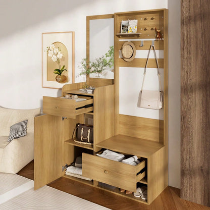 Kompaktgarderobe 105 cm mit Spiegel & verstellbaren Haken | Multifunktionales Eingangsregal für Schuhe & Mäntel | Holzoptik in Elegantem Design