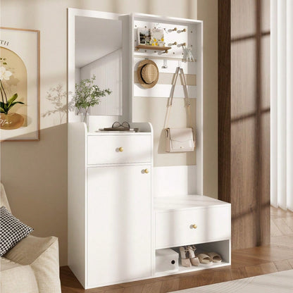 Kompaktgarderobe 105 cm mit Spiegel & verstellbaren Haken | Multifunktions-Regal für Schuhe & Mäntel | Elegante Eingangsgarderobe in Weiß