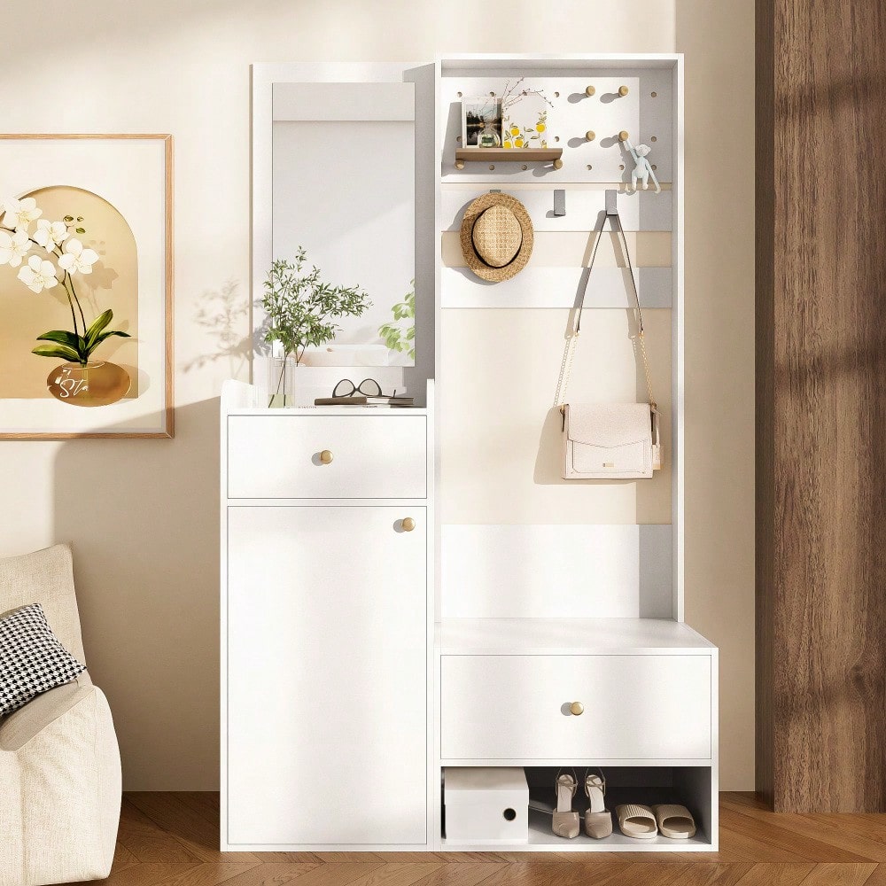 Kompaktgarderobe 105 cm mit Spiegel & verstellbaren Haken | Multifunktions-Regal für Schuhe & Mäntel | Elegante Eingangsgarderobe in Weiß