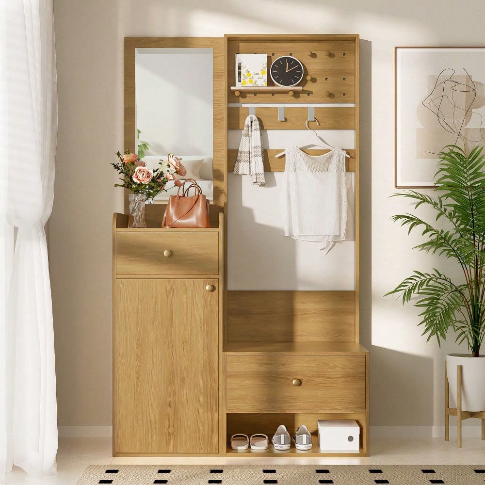 Kompaktgarderobe 105 cm mit Spiegel & verstellbaren Haken | Multifunktionales Eingangsregal für Schuhe & Mäntel | Holzoptik in Elegantem Design