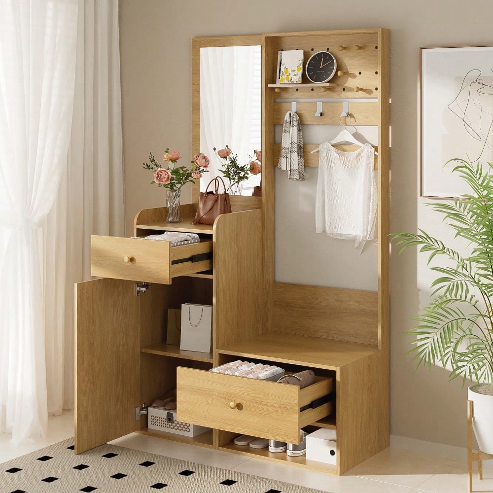 Kompaktgarderobe 105 cm mit Spiegel & verstellbaren Haken | Multifunktionales Eingangsregal für Schuhe & Mäntel | Holzoptik in Elegantem Design
