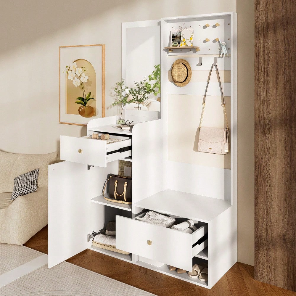 Kompaktgarderobe 105 cm mit Spiegel & verstellbaren Haken | Multifunktions-Regal für Schuhe & Mäntel | Elegante Eingangsgarderobe in Weiß