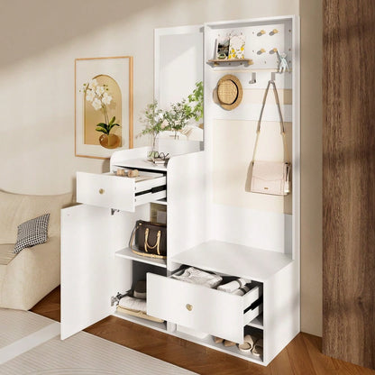 Kompaktgarderobe 105 cm mit Spiegel & verstellbaren Haken | Multifunktions-Regal für Schuhe & Mäntel | Elegante Eingangsgarderobe in Weiß