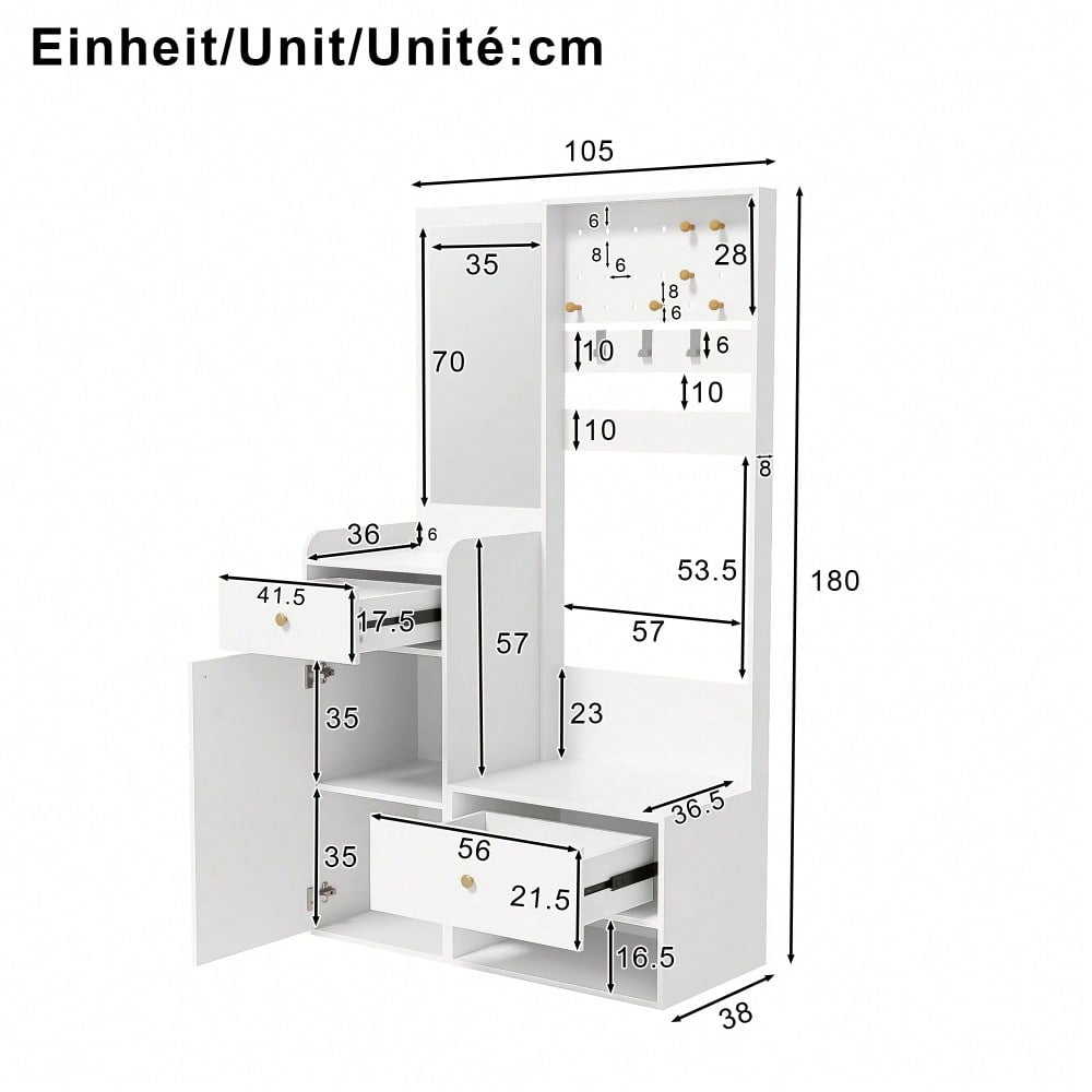 Kompaktgarderobe 105 cm mit Spiegel & verstellbaren Haken | Multifunktions-Regal für Schuhe & Mäntel | Elegante Eingangsgarderobe in Weiß