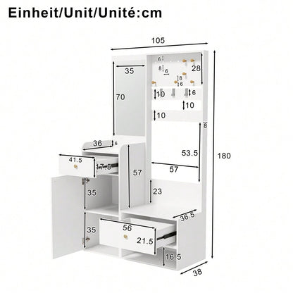 Kompaktgarderobe 105 cm mit Spiegel & verstellbaren Haken | Multifunktions-Regal für Schuhe & Mäntel | Elegante Eingangsgarderobe in Weiß