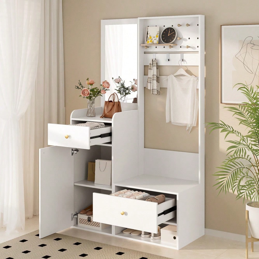 Kompaktgarderobe 105 cm mit Spiegel & verstellbaren Haken | Multifunktions-Regal für Schuhe & Mäntel | Elegante Eingangsgarderobe in Weiß