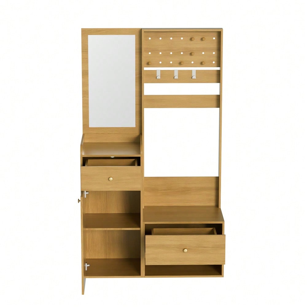 Kompaktgarderobe 105 cm mit Spiegel & verstellbaren Haken | Multifunktionales Eingangsregal für Schuhe & Mäntel | Holzoptik in Elegantem Design