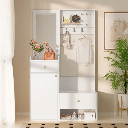 Kompaktgarderobe 105 cm mit Spiegel & verstellbaren Haken | Multifunktions-Regal für Schuhe & Mäntel | Elegante Eingangsgarderobe in Weiß