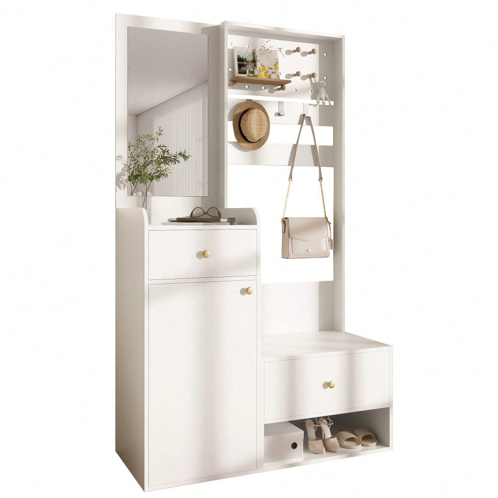 Kompaktgarderobe 105 cm mit Spiegel & verstellbaren Haken | Multifunktions-Regal für Schuhe & Mäntel | Elegante Eingangsgarderobe in Weiß