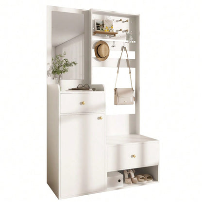 Kompaktgarderobe 105 cm mit Spiegel & verstellbaren Haken | Multifunktions-Regal für Schuhe & Mäntel | Elegante Eingangsgarderobe in Weiß