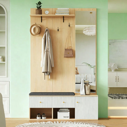 Garderobenset 120x40x200 cm mit Spiegel & Schuhbank | Multifunktions-Kleiderständer mit Polster, Schrank & Schubladen | Holzoptik & Weiß