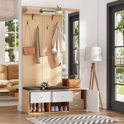 Garderobenset 120x40x200 cm mit Spiegel & Schuhbank | Multifunktions-Kleiderständer mit Polster, Schrank & Schubladen | Holzoptik & Weiß