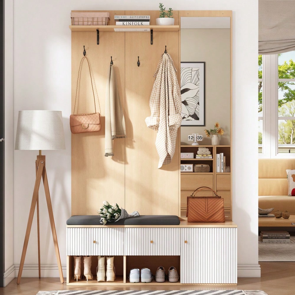 Garderobenset 120x40x200 cm mit Spiegel & Schuhbank | Multifunktions-Kleiderständer mit Polster, Schrank & Schubladen | Holzoptik & Weiß
