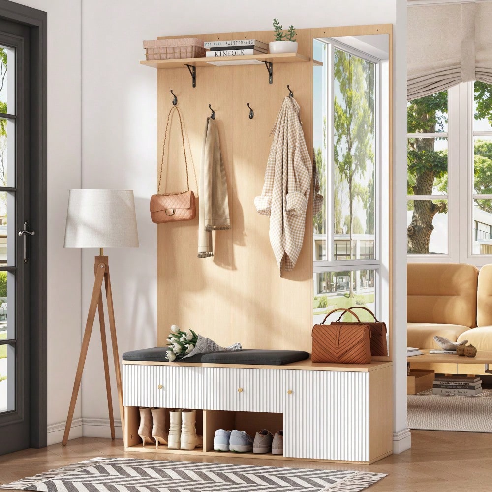 Garderobenset 120x40x200 cm mit Spiegel & Schuhbank | Multifunktions-Kleiderständer mit Polster, Schrank & Schubladen | Holzoptik & Weiß