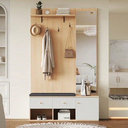 Garderobenset 120x40x200 cm mit Spiegel & Schuhbank | Multifunktions-Kleiderständer mit Polster, Schrank & Schubladen | Holzoptik & Weiß