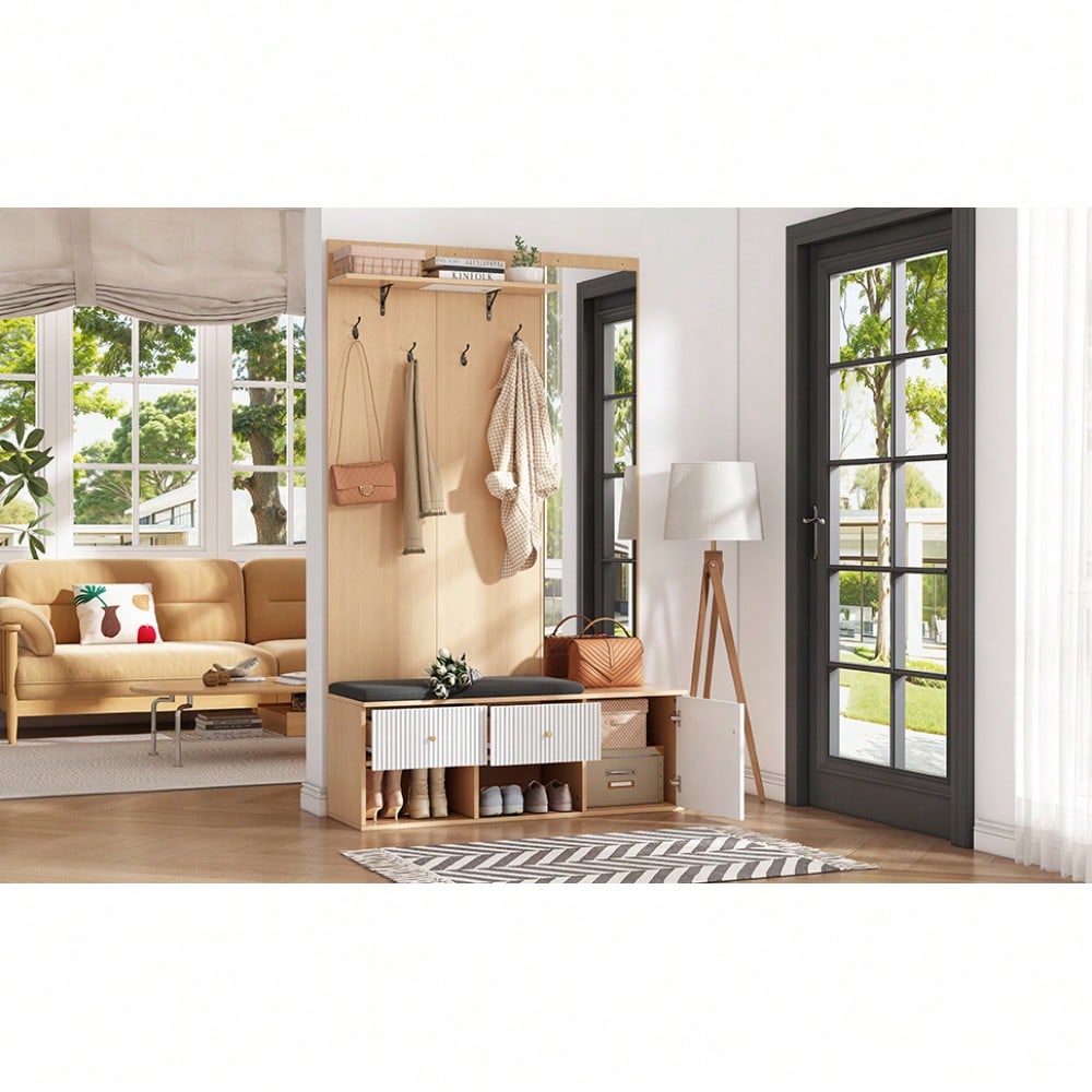 Garderobenset 120x40x200 cm mit Spiegel & Schuhbank | Multifunktions-Kleiderständer mit Polster, Schrank & Schubladen | Holzoptik & Weiß